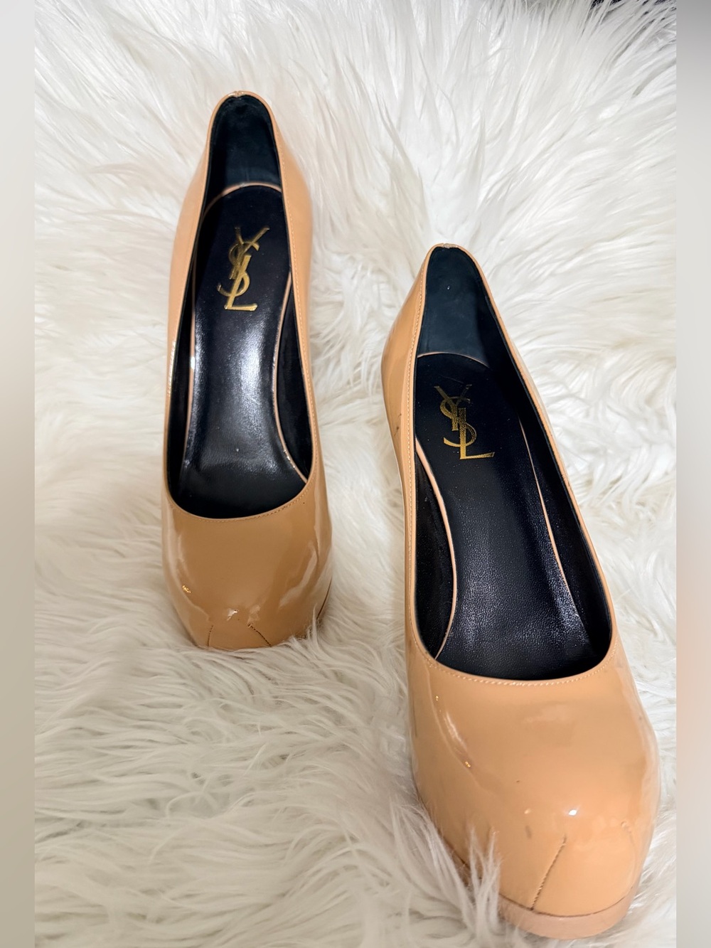YSL Saint Laurent Tan Patent Tribtoo Platform Pumps Heels Size 39 never worn